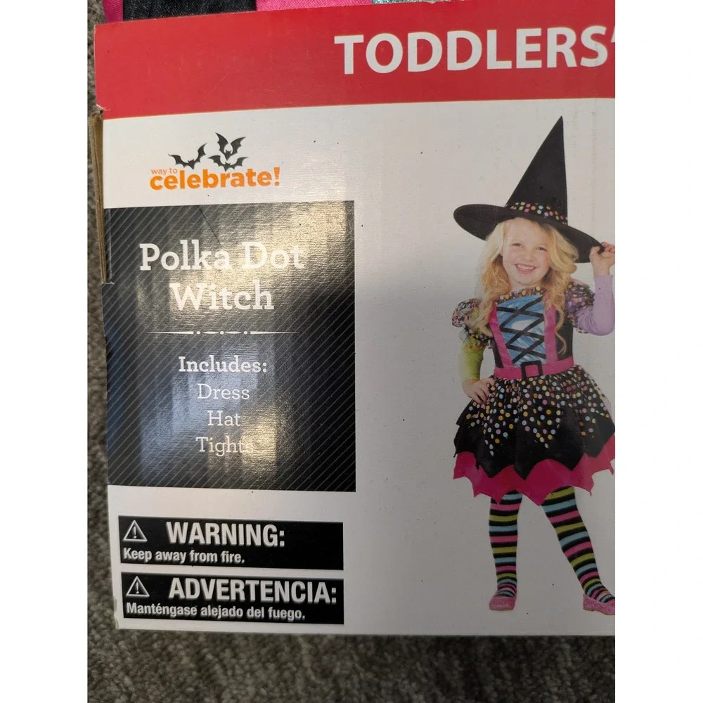 Celebrate Toddler Girls Polka Dot‎ Witch Costume Dress Hat Tights Halloween 2T